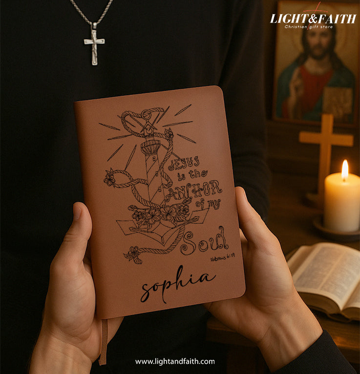 Personalized Christian Journal with Jesus Anchor Design, Custom Faith Notebook for Prayer and Reflection, Inspirational Religious Gift, Hebrews 6:19 Verse. NBLAF65